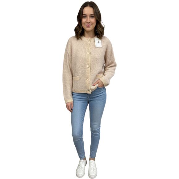 7 For All Mankind Boucle Wool Cardigan Sweater Beige Textured Knit NWT Medium - Picture 2 of 14